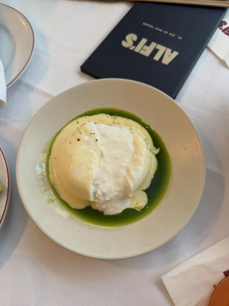 Burrata olive oil cream at Alfi’s Paris